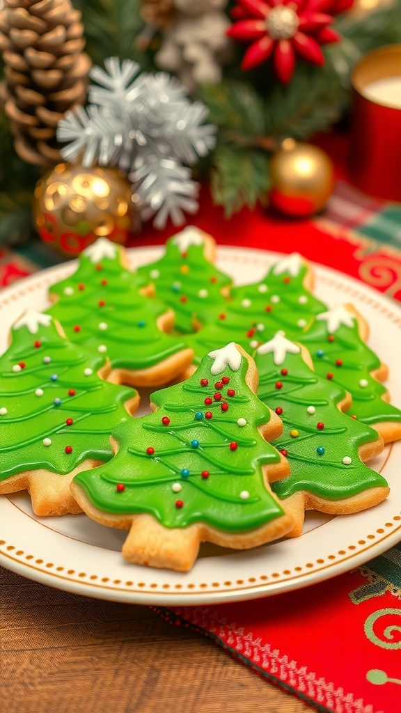Christmas Tree Sugar Cookies Recipe Decorated Christmas tree sugar cookies with green icing and sprinkles on a festive plate.